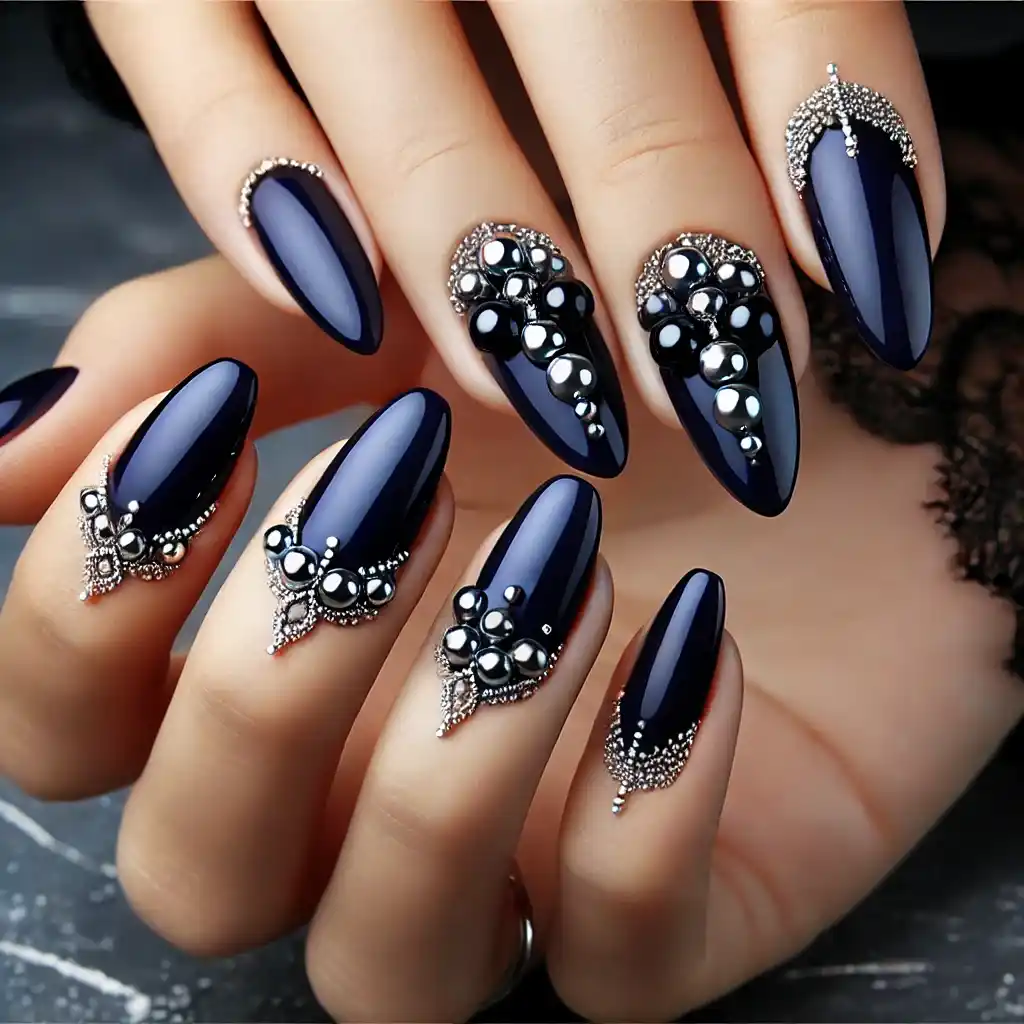 Deep Navy with Silver Beads