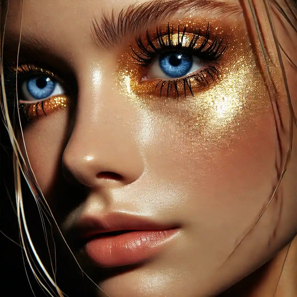 Golden Under-Eye Highlight fall makeup looks for blue eyes