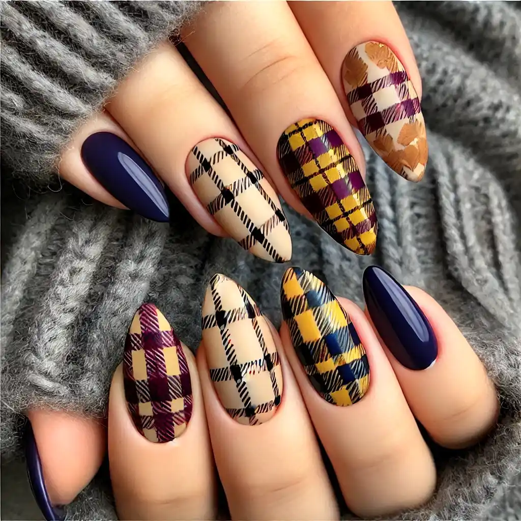 Warm Plaids fall nail designs almond shape