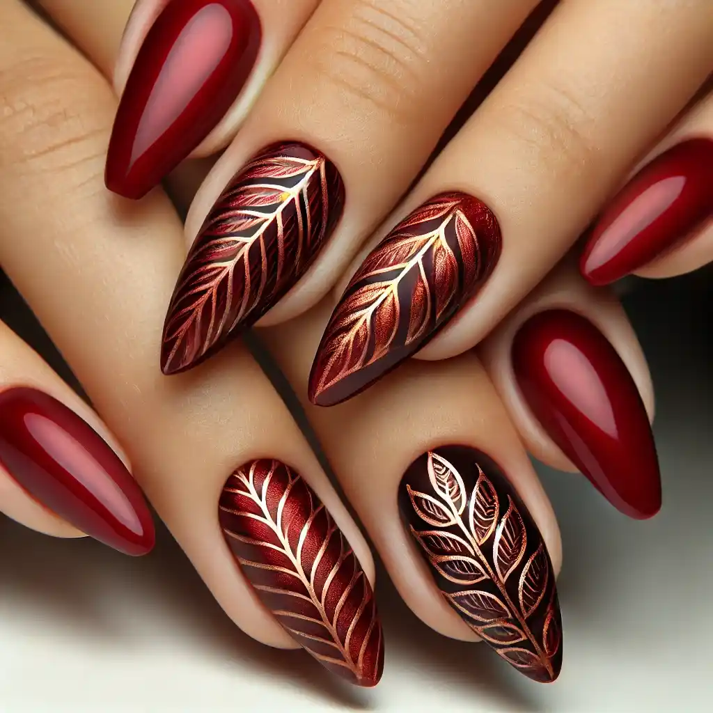 Crimson Leaf Veil Gel Fall Nail Designs