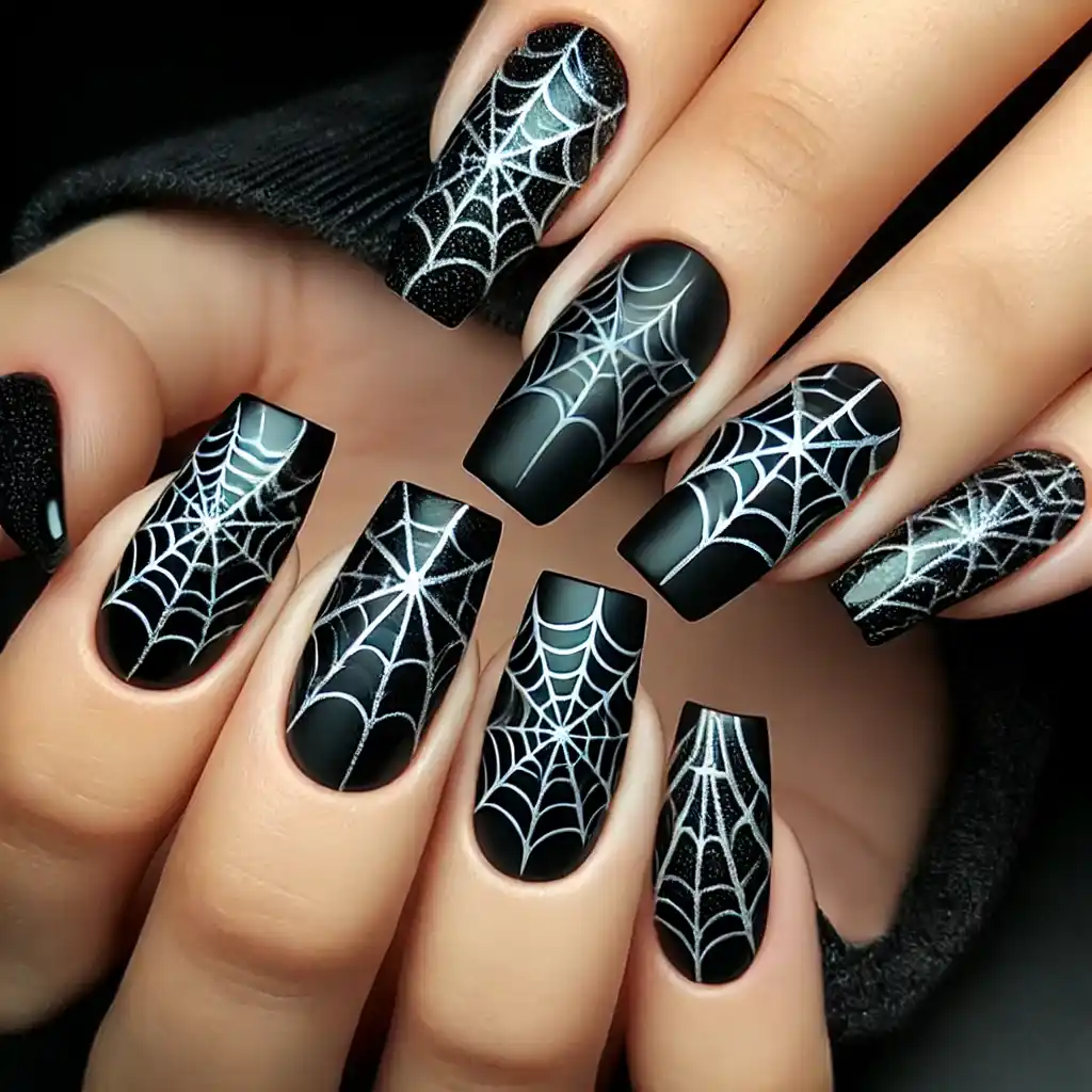 Spiderweb Shimmer Halloween Nails Acrylic