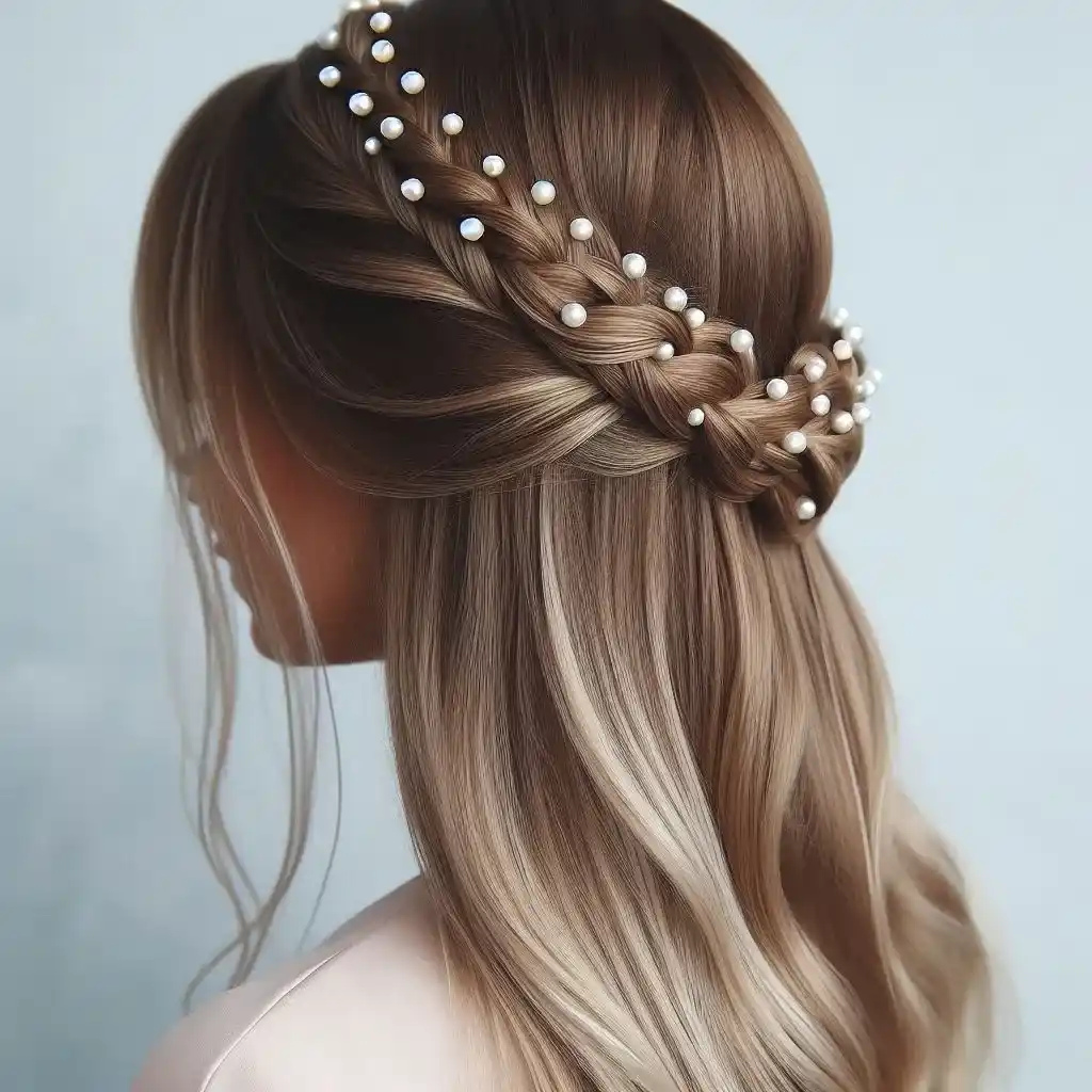 Half-Up Braided Crown with Tiny Pearls