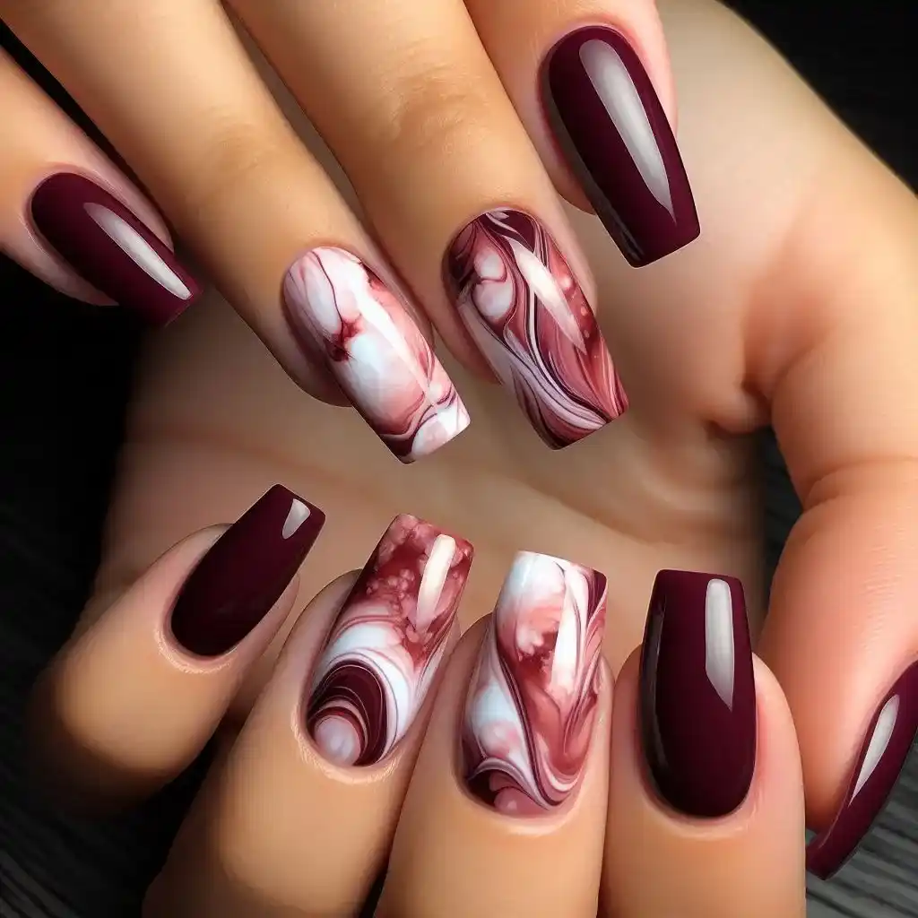 Marbled Burgundy Nails