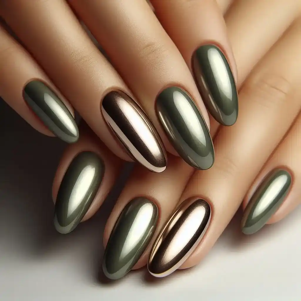 Olive Green Chrome Nails