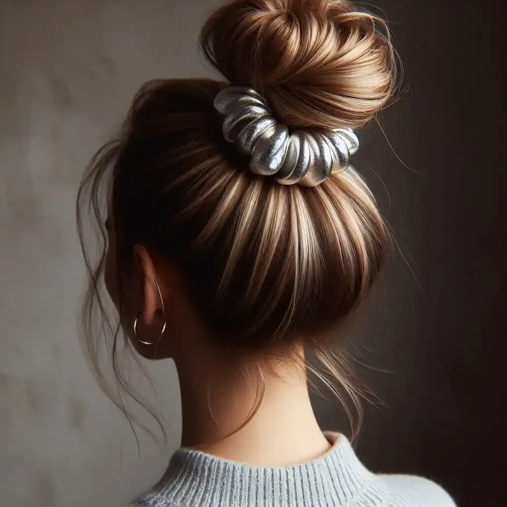 Sleek High Bun with Metallic Scrunchie