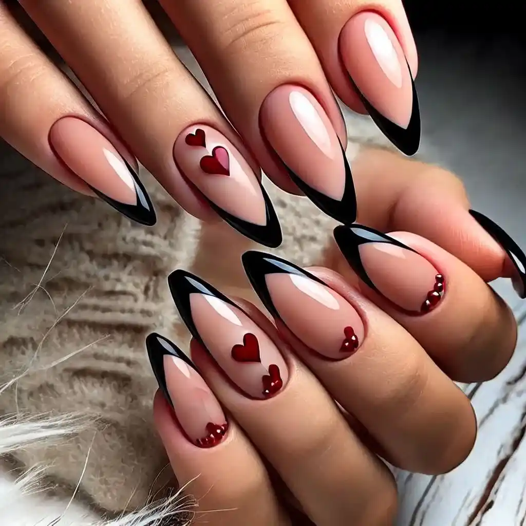 Black French Tips with Heart Accents