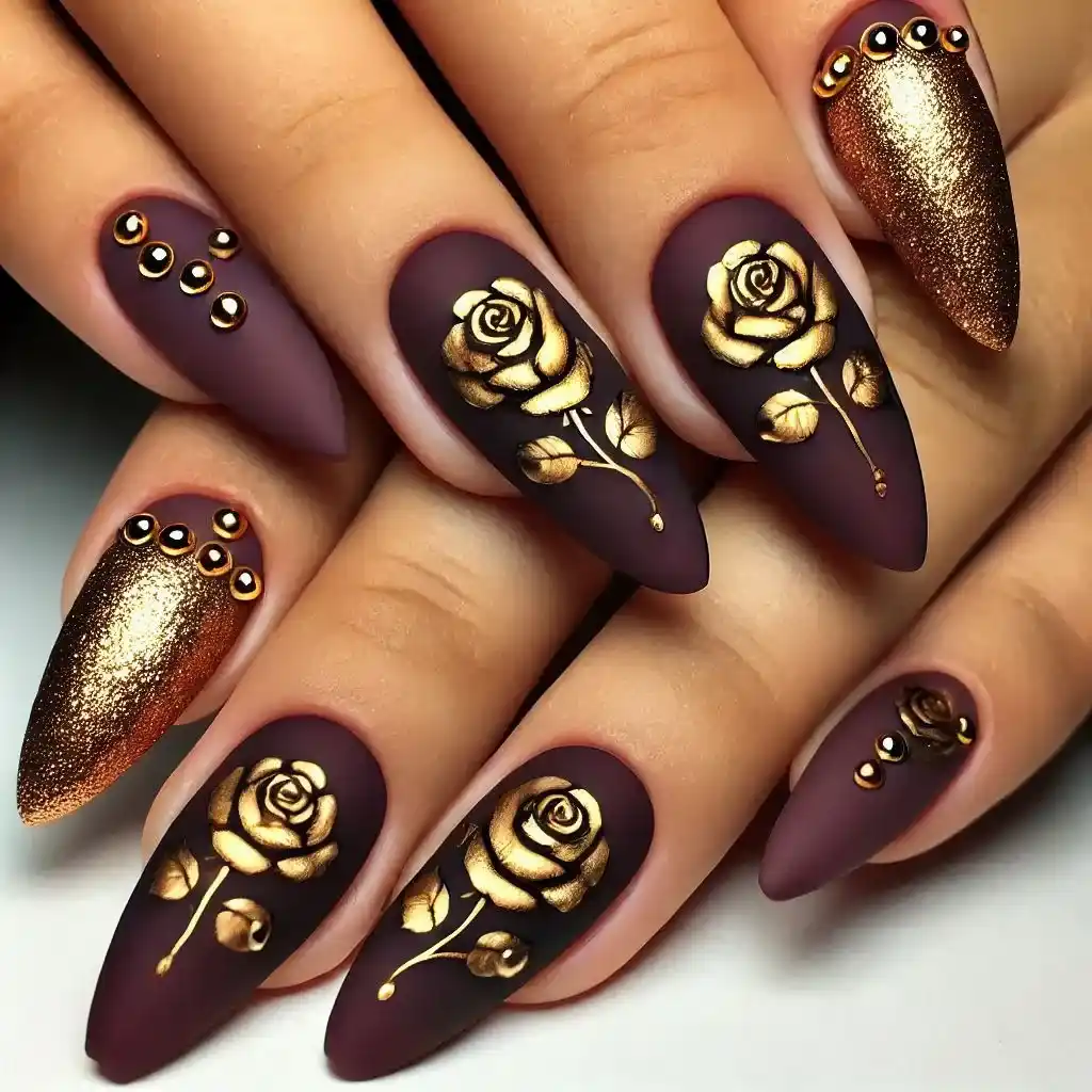 Burgundy Matte with Gold Roses