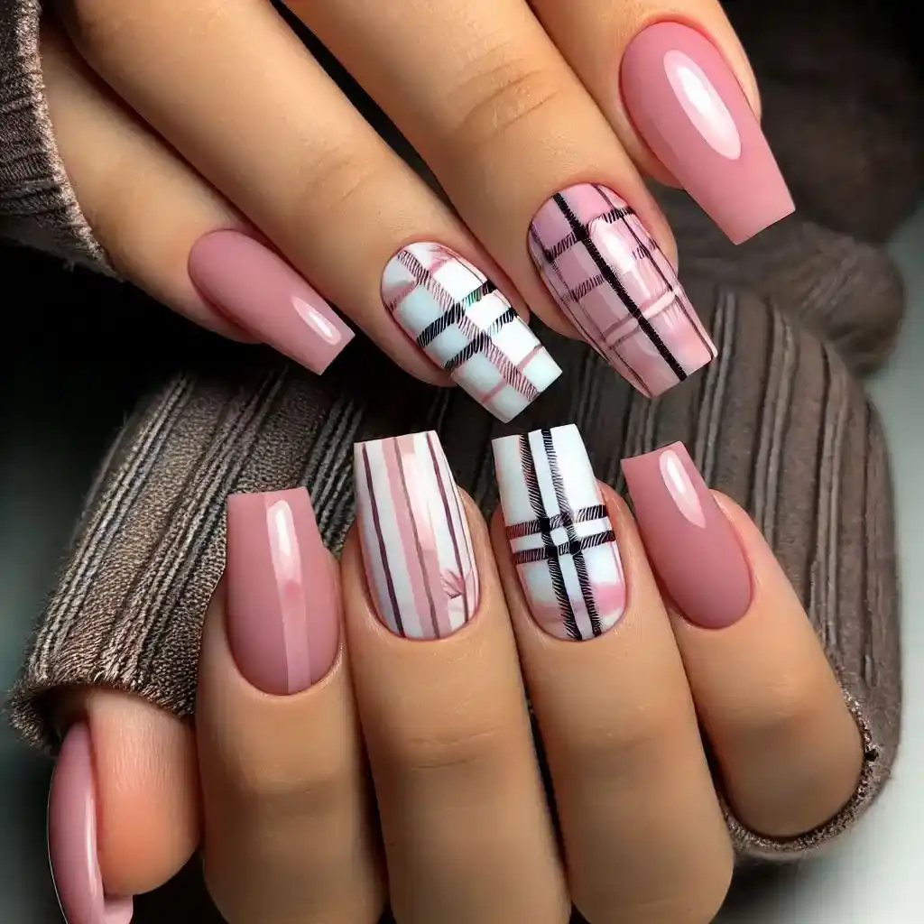 Pink Plaid Nails