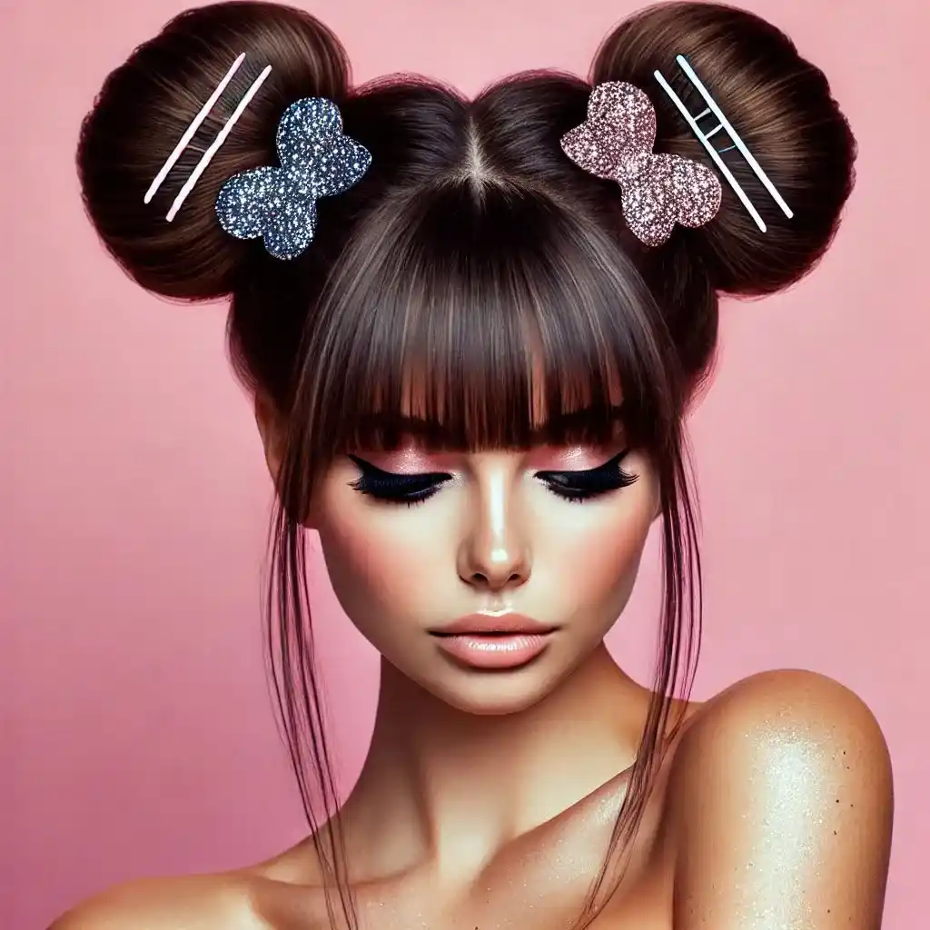 Playful Double Buns with Edgy Bangs