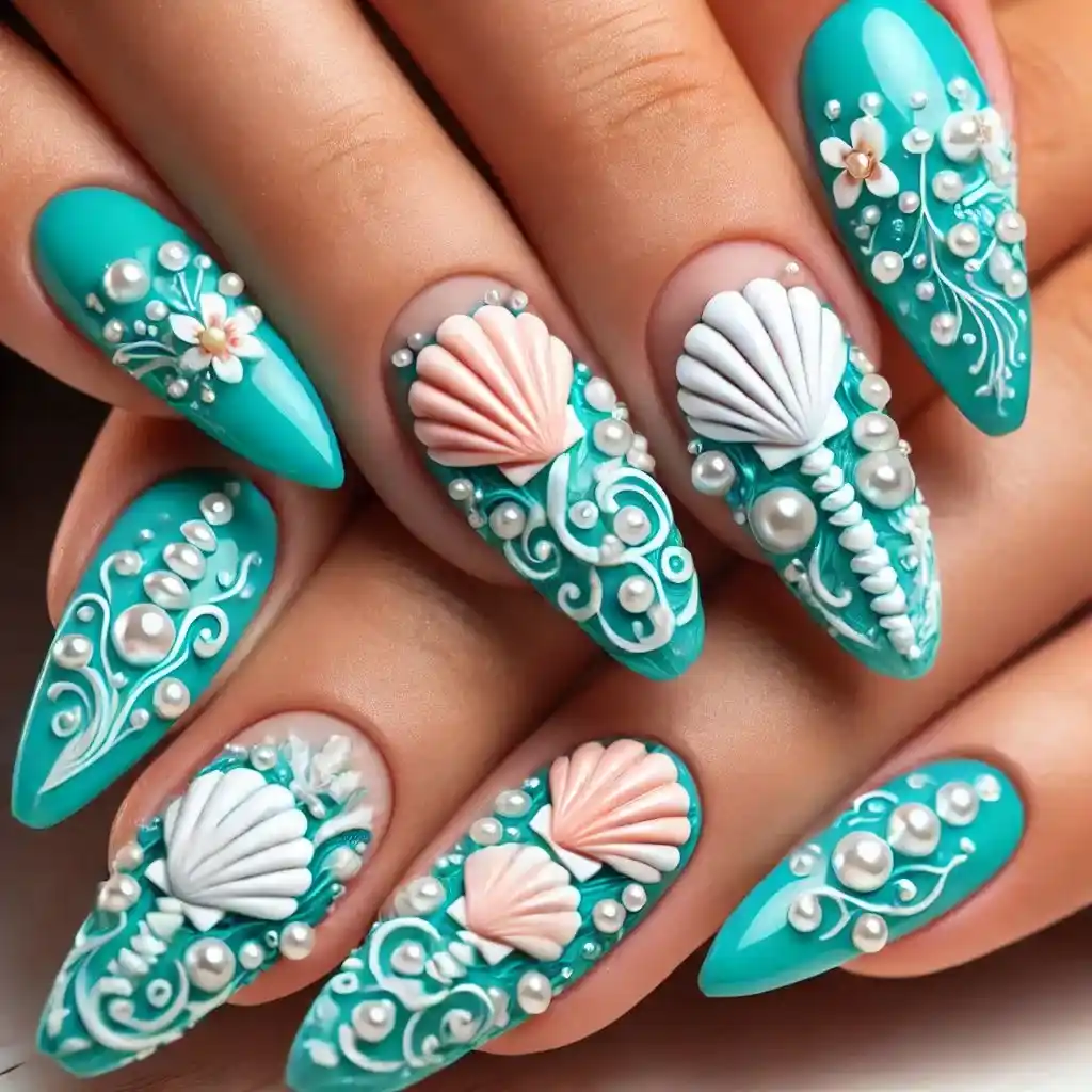 3D Blue and White Shell Nails