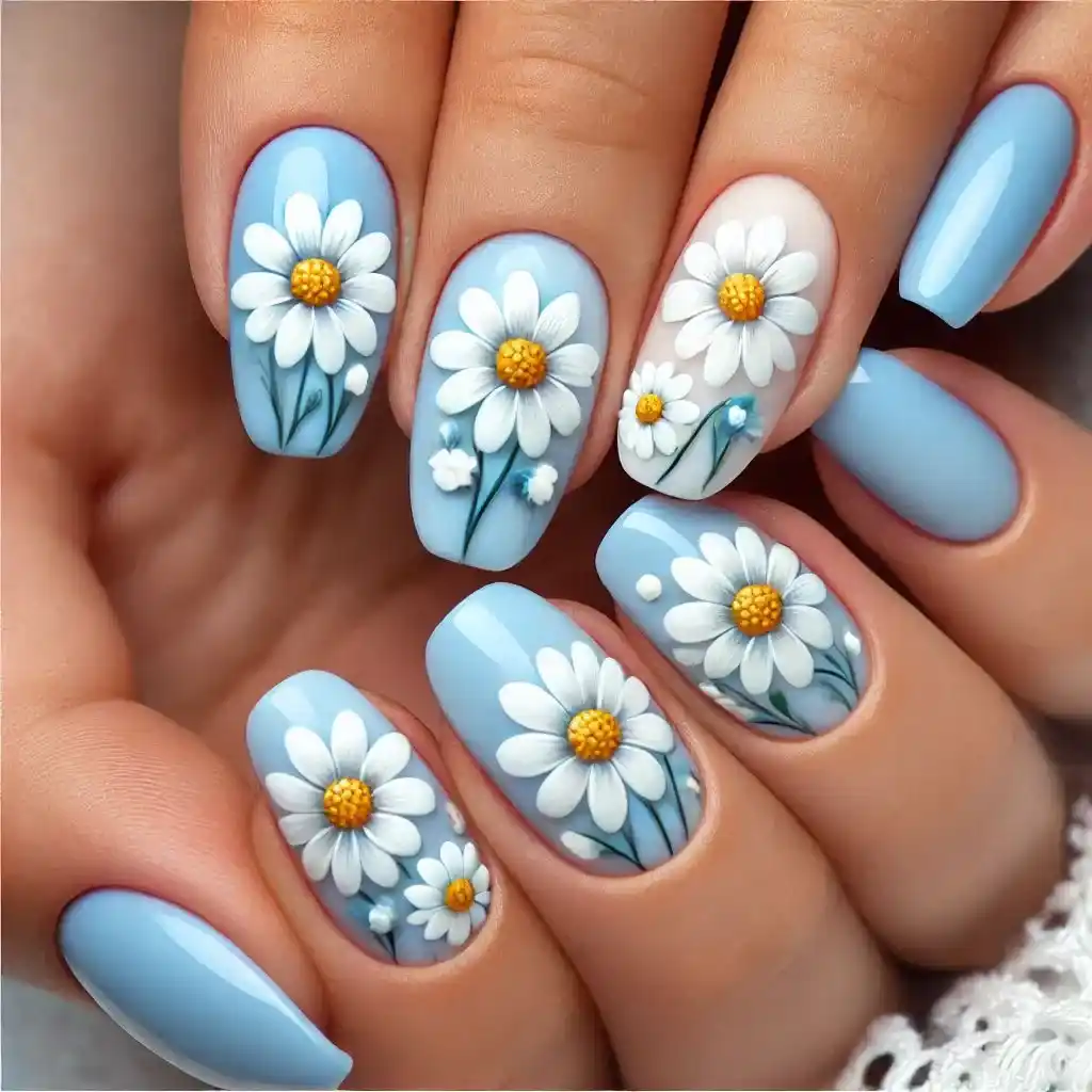 Blue Daisy Nails