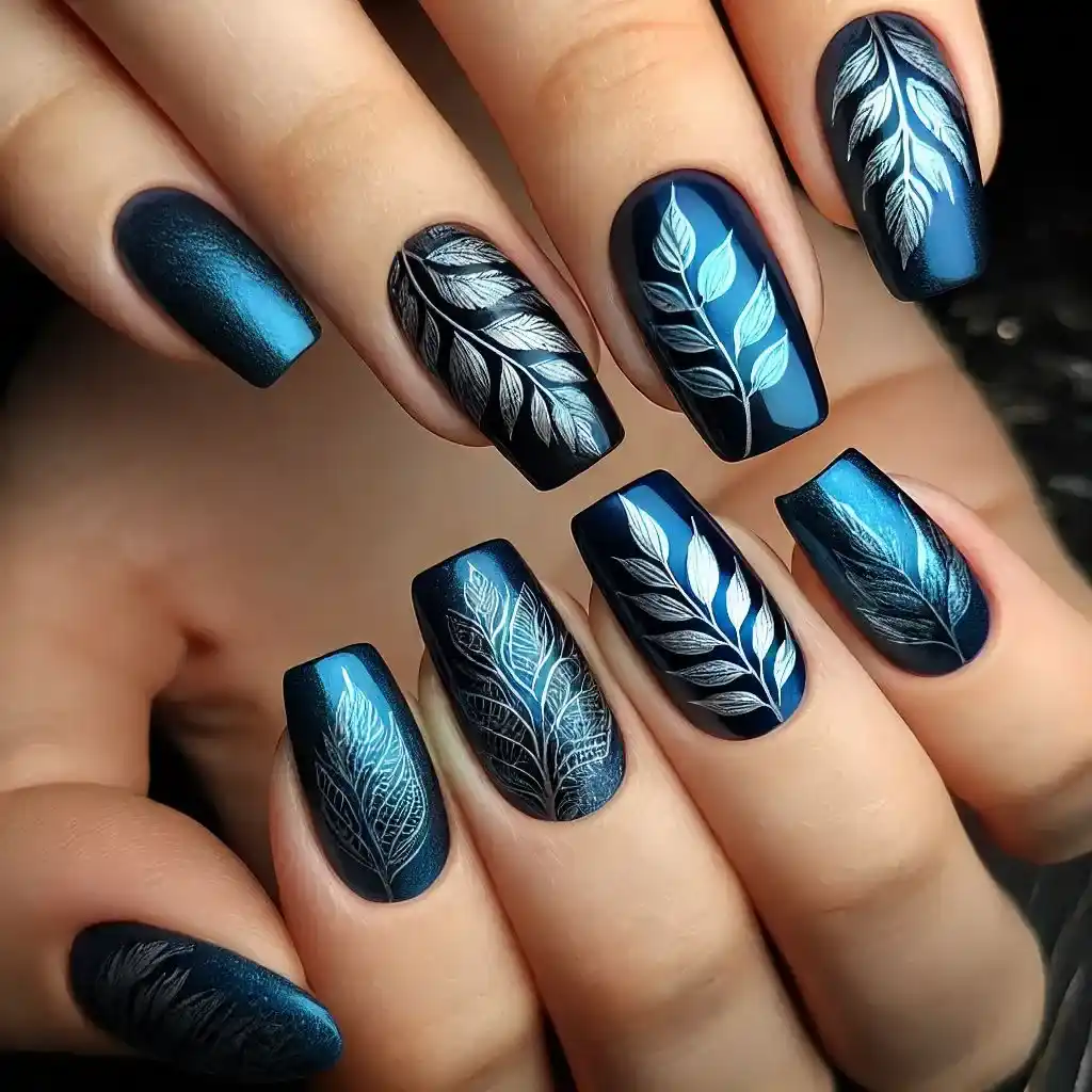 Blue Leaf Nails