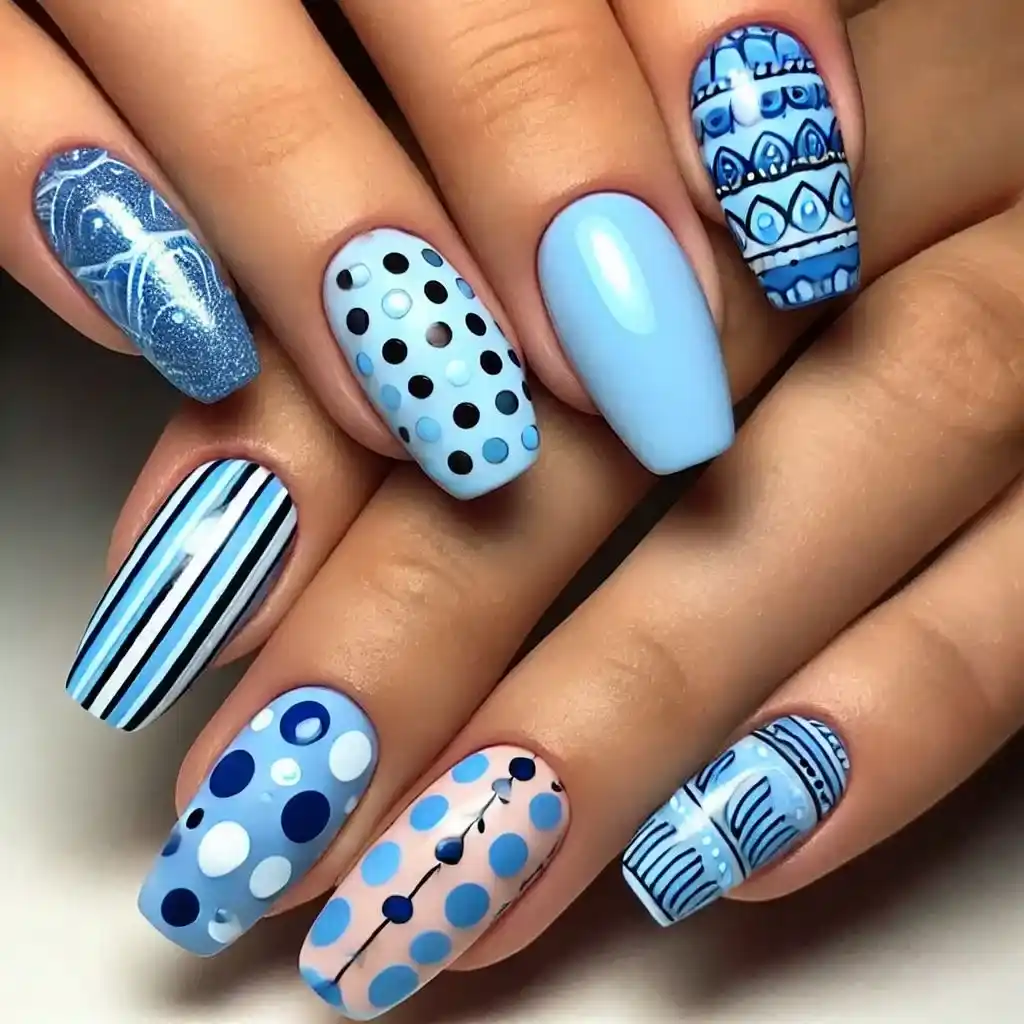 Blue Mix-n-Match Skittle Nails