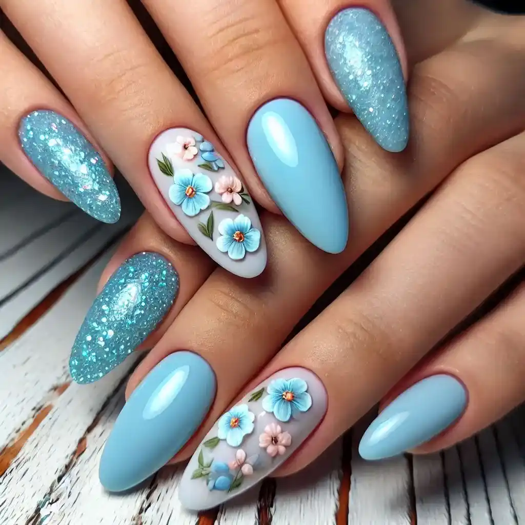 Blue Shimmer Pressed Flower Nails