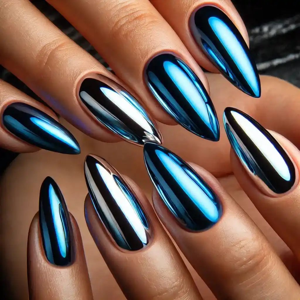 Blue and Silver Chrome Nails