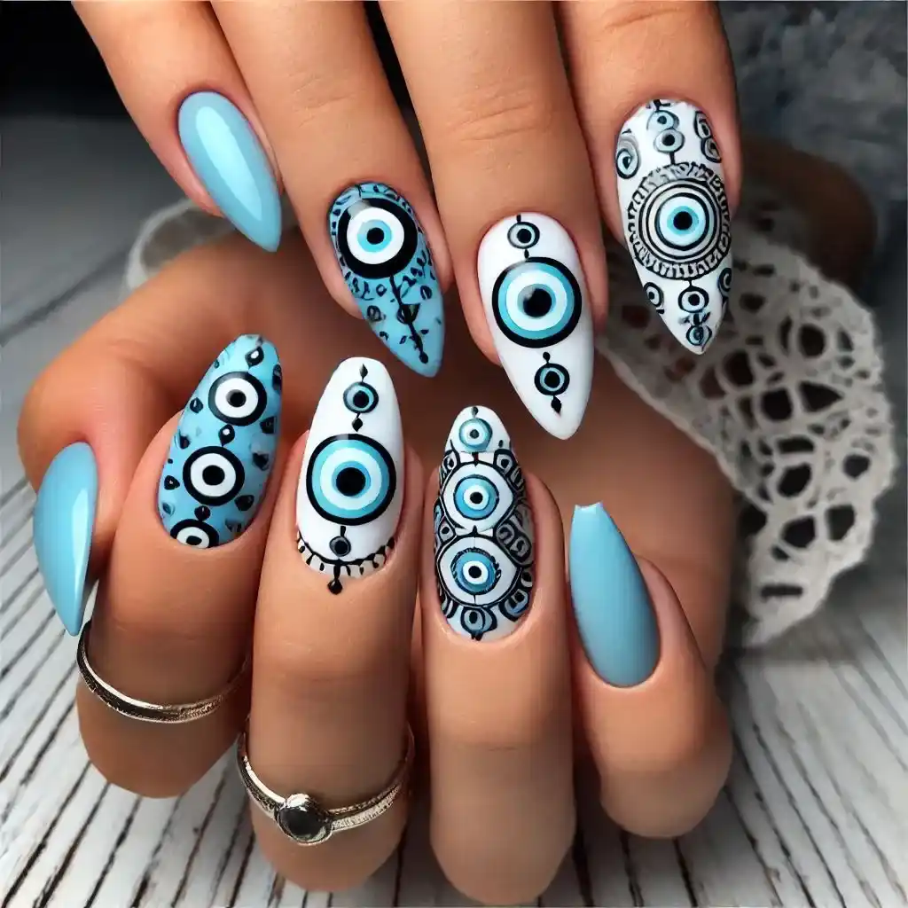 Blue and White Evil Eye Nails