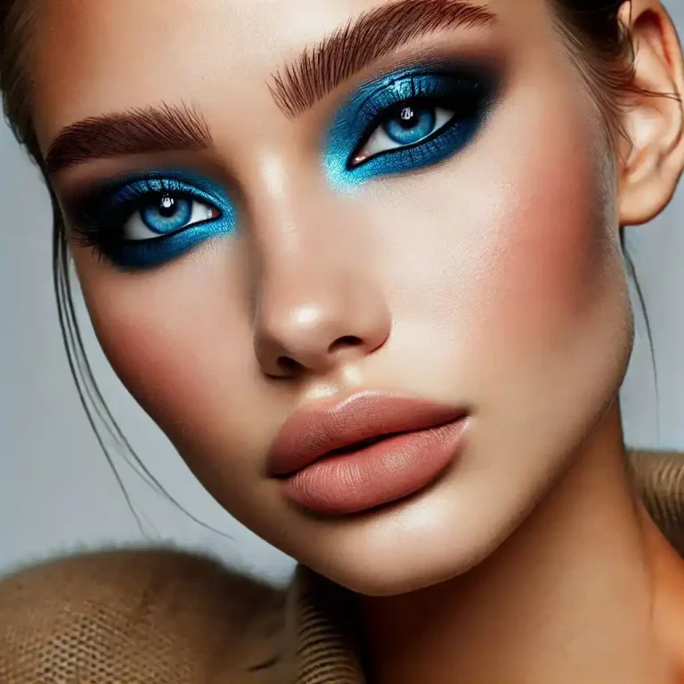 Bold Blue Eyeshadow with Nude Lips