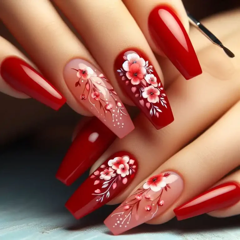 Floral Red Nails