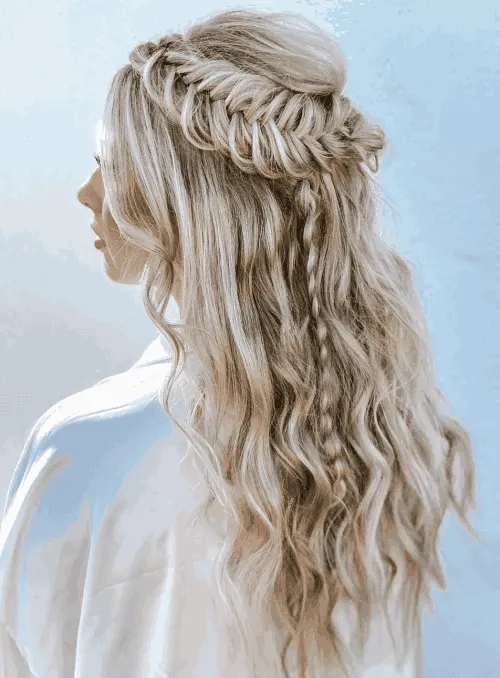 Half Up Style with Loose Curls and Fishtail Braids