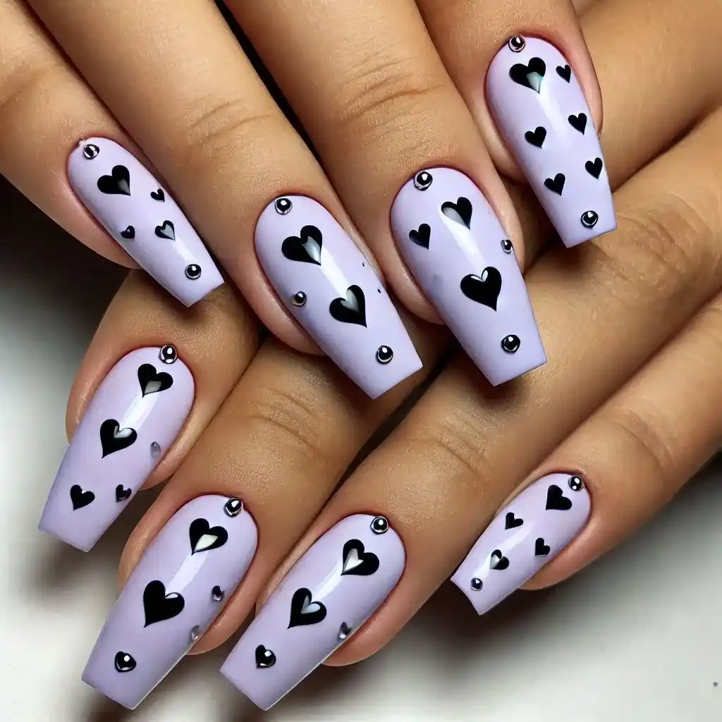 Lilac Nails with Black Heart Outlines 