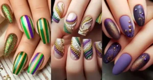 Creative Mardi Gras Acrylic Short Nails for a Glam Carnival Look