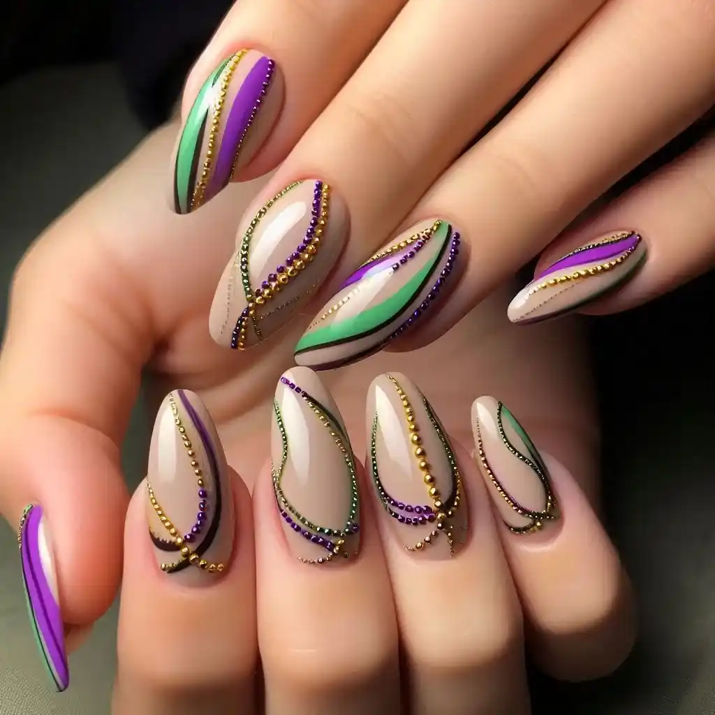 Mardi Gras Bead Nail Art