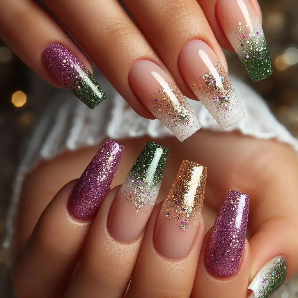 Mardi Gras Glitter French Tips