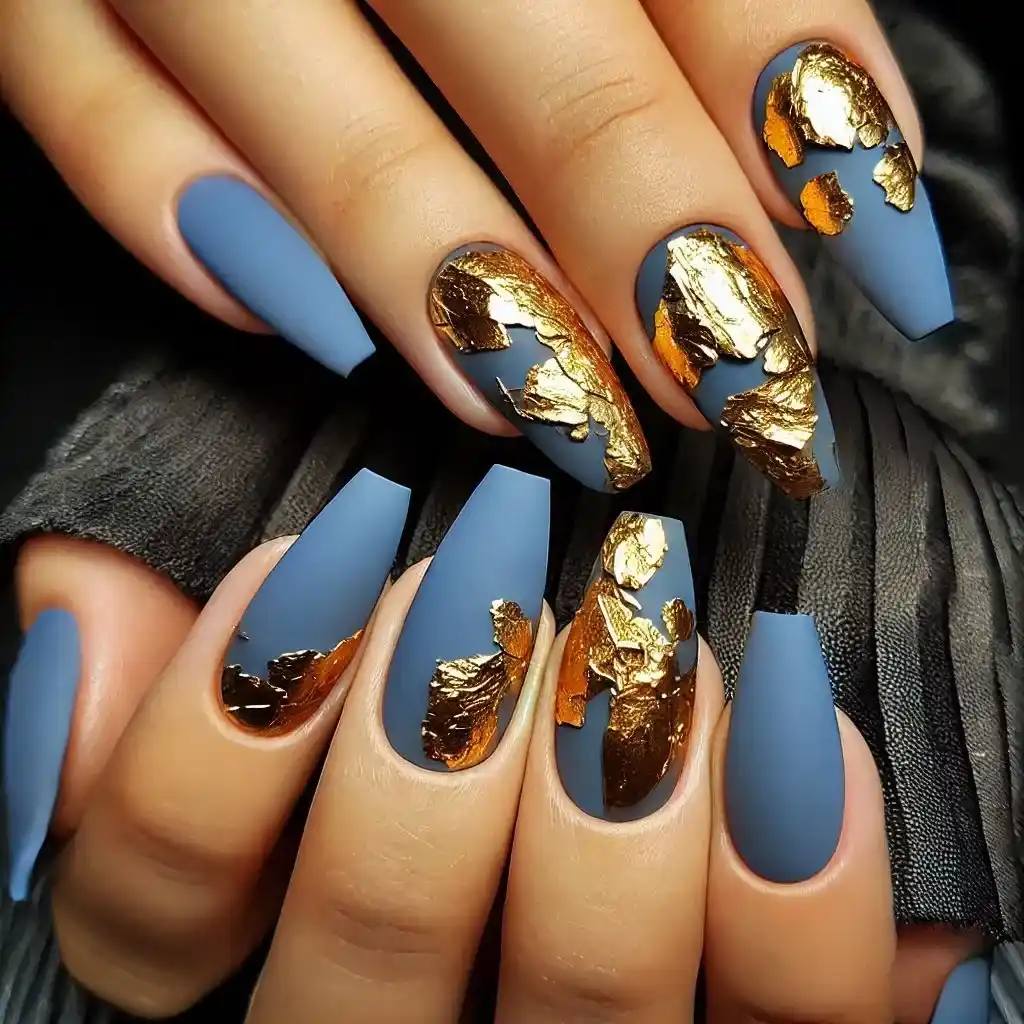 Matte Blue Nails with Gold Foil