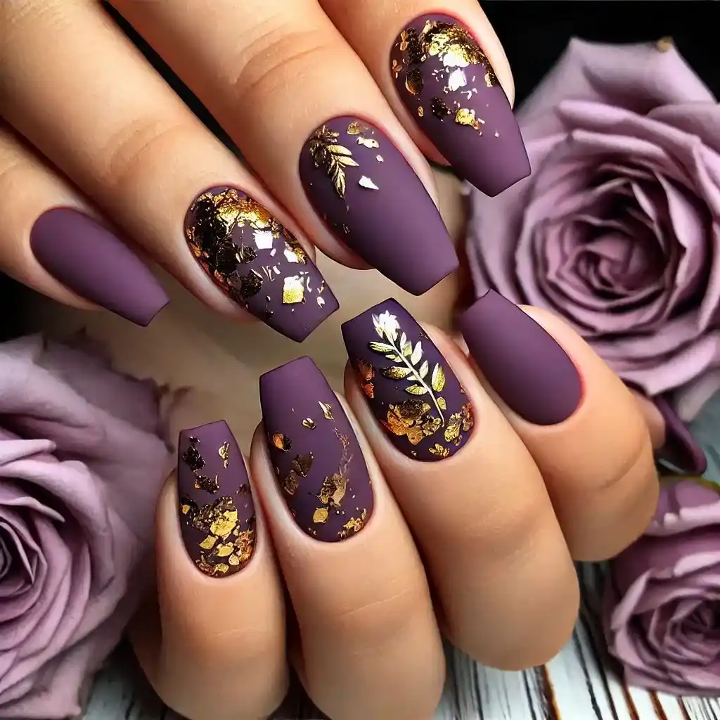 Matte Plum Nails with Gold Foil 