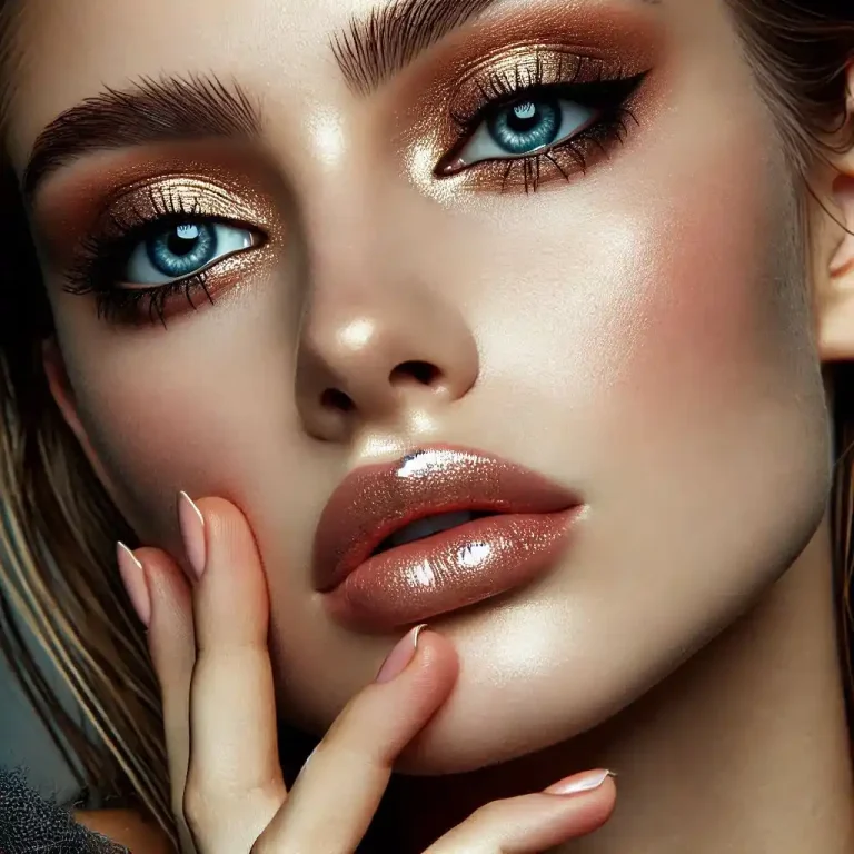 Metallic Gold Eyes with Glossy Nude Lips