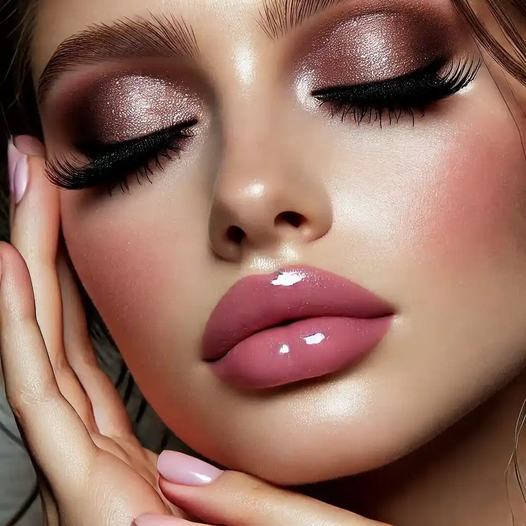 Shimmery Taupe Eyeshadow and Glossy Pink Lips