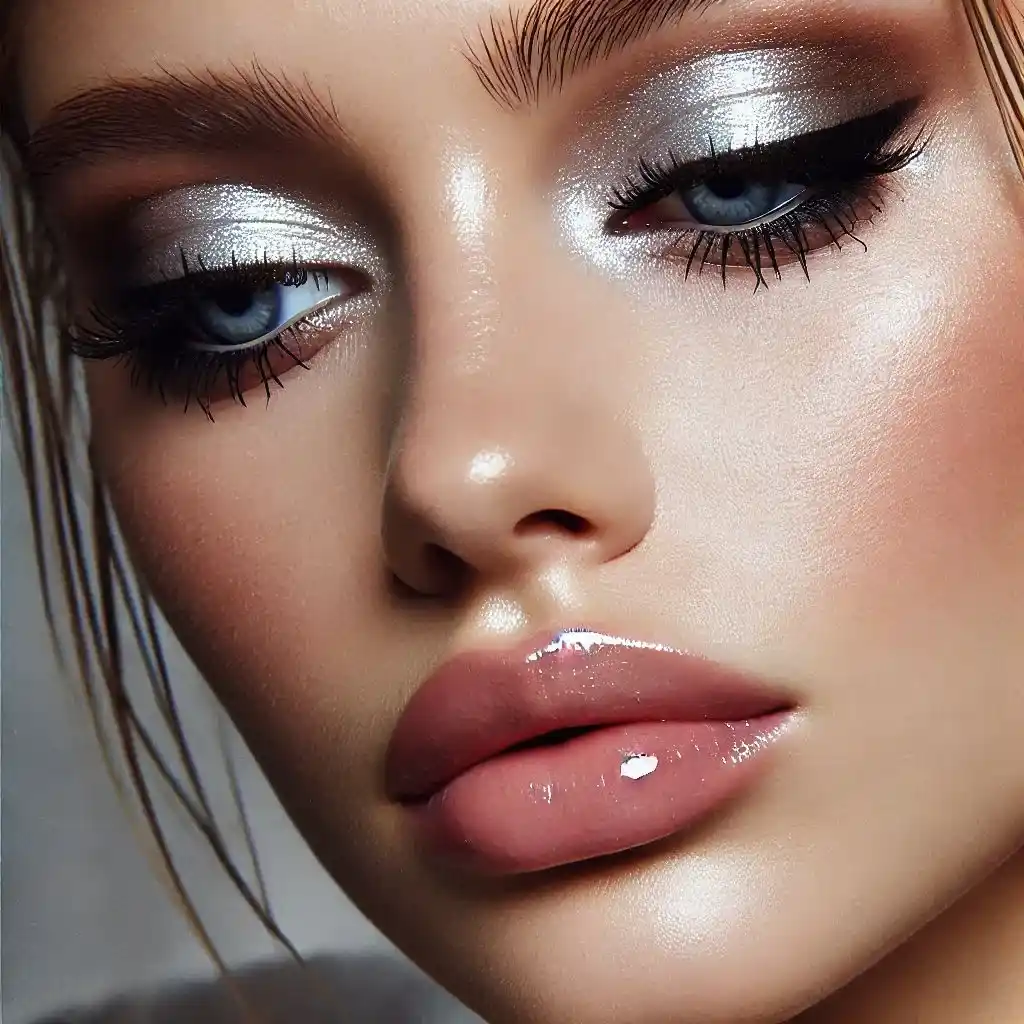 Subtle Silver Eyeshadow with Glossy Nude Lips