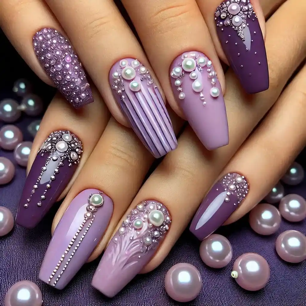 Violet Nails with Pearl Embellishments