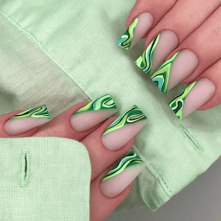 Bright Green Water Marble Nails 