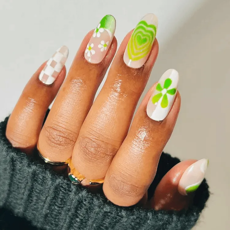 Green and White Mismatch Nails 