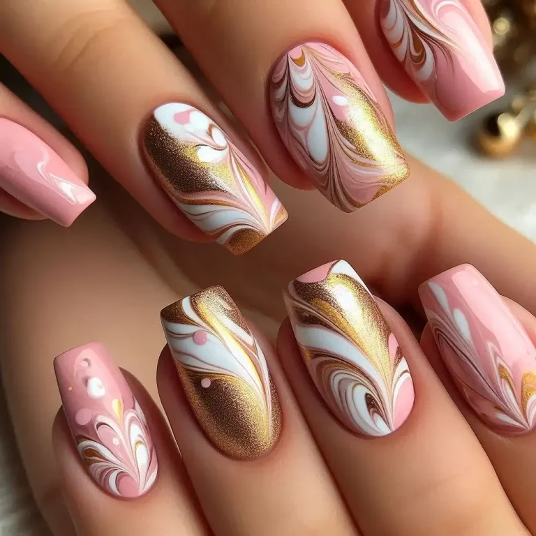 Pink and Gold Marble Nails