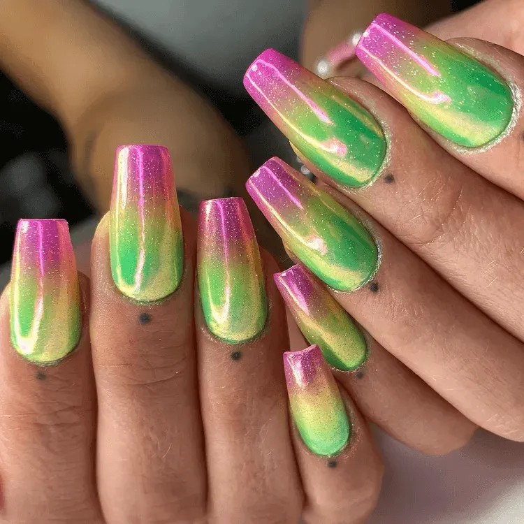 Pink to Green Gradient Nails 